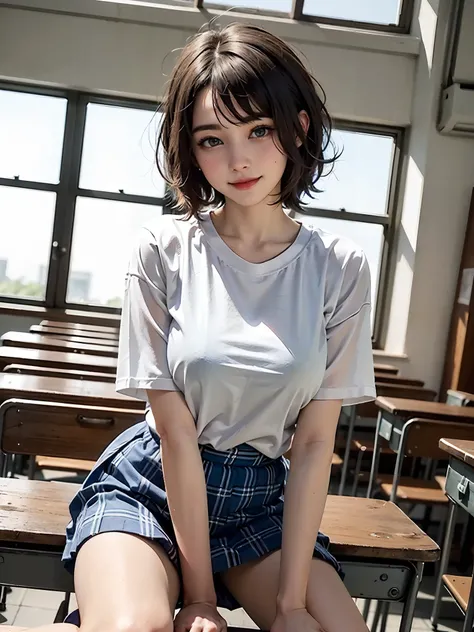 (​masterpiece、top-quality:1.2), Surreal Schoolgirl, 独奏, 1girl in, Yukinoshita Yukino, (shinny skin、wetted skin:1.2), Wearing sweat, Im smiling really happily, Watch your audience carefully, all-fours, 校服, white  shirt, plaid skirts, thighs thighs thighs th...