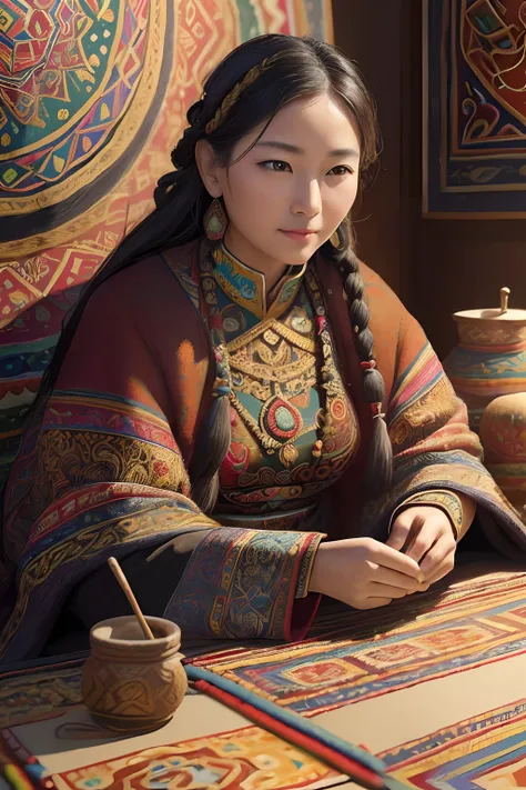 (Best quality,4K,8K,A high resolution,Masterpiece:1.2),Ultra-detailed,(Realistic,Photorealistic,photo-realistic:1.37),Wool felt art style:1.8,Colorful, intricatedesign,Traditional Tibetan painting,Colorful patterns and symbols,Exquisite craftsmanship,Fasci...