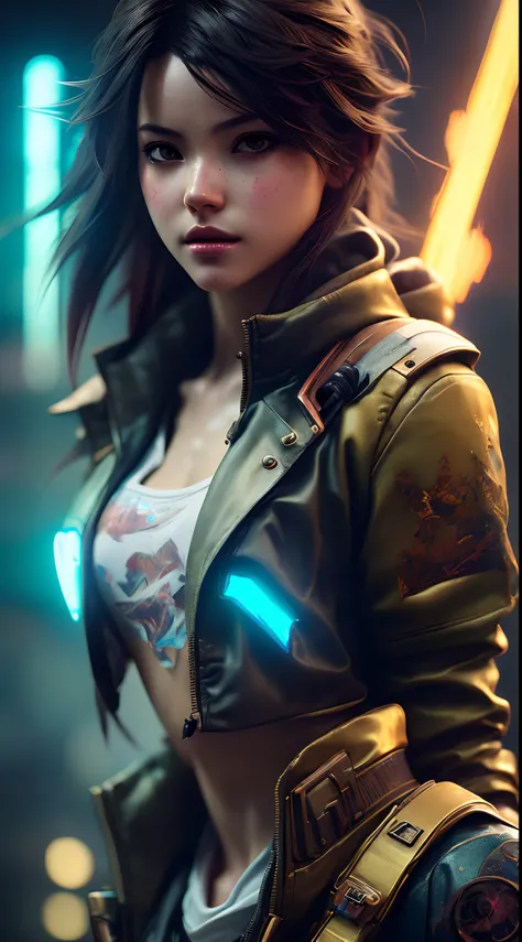 Tracer from Overwatch, shoulder length messy hair, happy, Full body, Beautiful anime waifu style girl, hyperdetailed painting, luminism, art by Carne Griffiths and Wadim Kashin concept art, 4k resolution, fractal isometrics details bioluminescence , 3d ren...