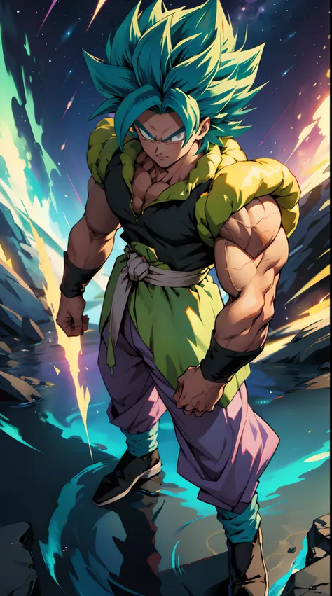 quadratic element,style of shonen anime artwork, fusion between goku and broly ,the proportions are correct,face details,highly ...