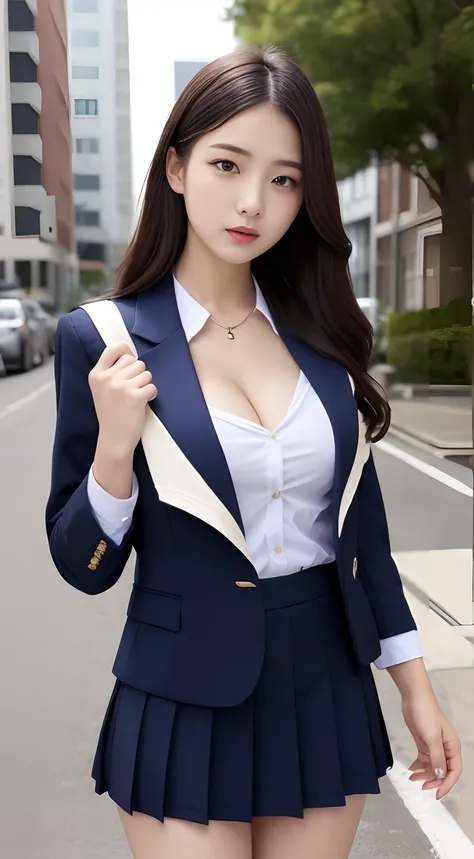 School Uniform Blazer、a sailor suit、large full breasts:1.5、The shirt inside is light、Cleavage emphasis、