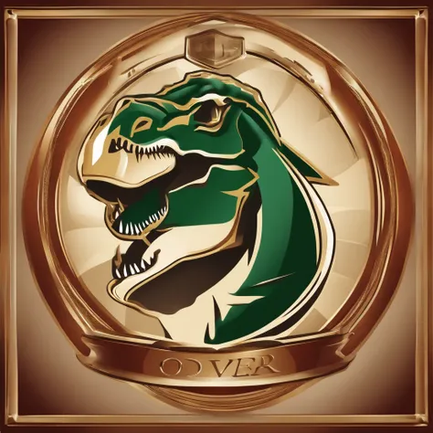 An image of a computer team jersey with a shield on the chest that features a dinosaur in a realistic style. O dinossauro deve estar usando fones de ouvido, and the shield should incorporate technology-related elements, como circuitos e fios. Certifique-se...