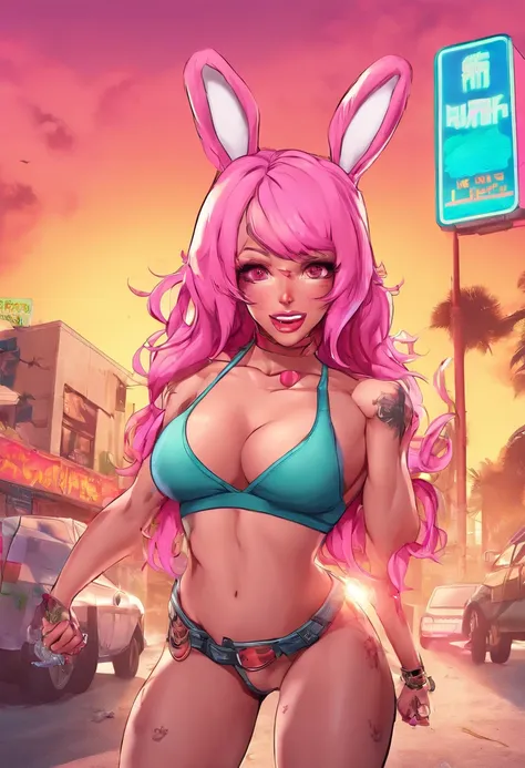 Cute sexy girl, Pink hair, A bunny girl, Ultra photo realsisim, Detailed lighting, anime big breast, Possessed  ,gigantic cleavage breasts,strong muscle