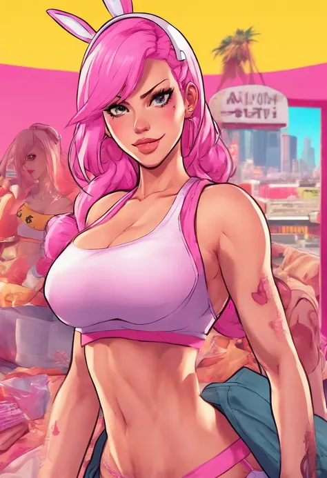 Cute sexy girl, Pink hair, A bunny girl, Ultra photo realsisim, Detailed lighting, anime big breast, Possessed  ,gigantic cleavage breasts,strong muscle