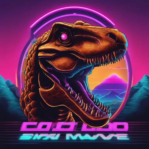 Por favor, crie um escudo no estilo Vaporwave com a imagem de um dinossauro usando fones de ouvido. The shield should incorporate the characteristic stylistic elements of the Vaporwave, como cores neon, Soft gradients and retro elements from the 80s and 90...