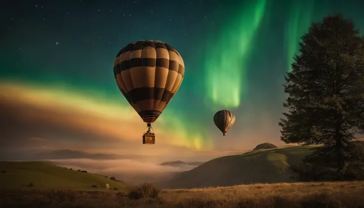 Steampunk-themed hot air balloons flying through the aurora sky with stunning landscape views, star-filled nights, photo-realistic, vibrant color, high level of detail, masterpiece composition, perfect object, landscape photography style