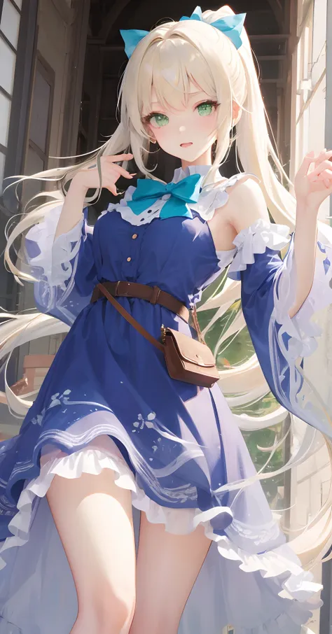 （tmasterpiece，best qualtiy:1.2），（ultra - detailed），Ultra photo realsisim，1girll，Cute Lori，Loli body type，Large pale green eyes，Her long pale yellow hair is tied into a double ponytail，Wearing a long blue lace dress with wide sleeves，There is a large white ...