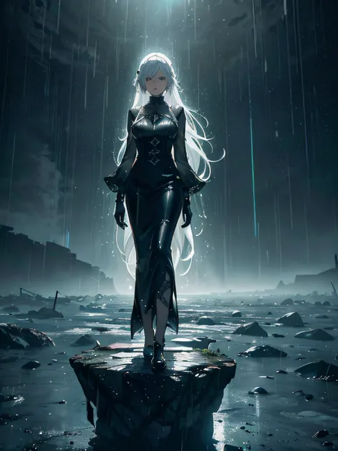 Anime girl in black dress standing on rock in the rain, Ross Tran 8 K, anime epic artwork, Nier 2 B, Anime Art Wallpaper 8K, Papel de parede anime 4k, 2. 5 d cgi anime fantasia arte, arte de personagem impressionante, negar, Anime Art Wallpaper 4K, Anime A...