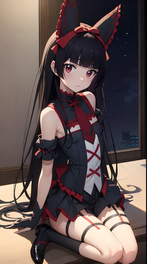 rory mercury, rory mercury, black  hair, blunt bangs, hime cut, hair ornament, red lipstick, hairlong, cute face, makeup, (small...