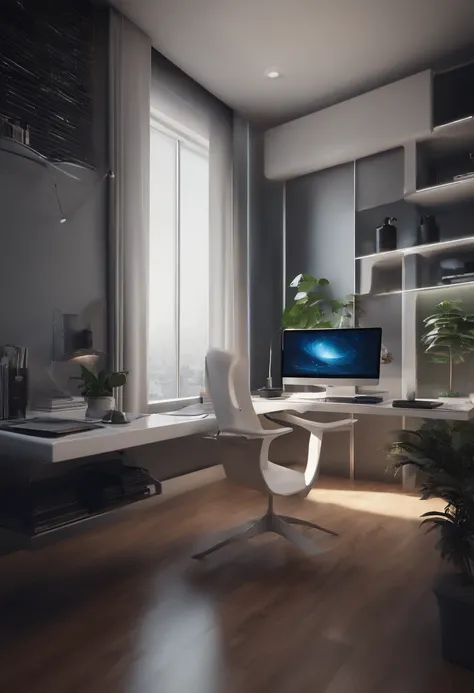 there is a computer desk with a monitor and a chair in front of it, futuristic interior, futuristic room, retro futuristic apartment, futuristic room background, futuristic looking living room, futuristic architectural art, desktopography, sci - fi interio...