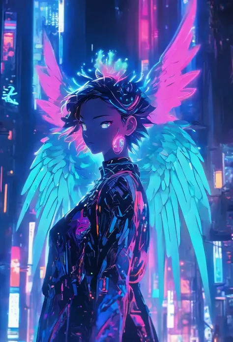 ((midjourneys distinctive mesmerizing anime style)),1girl, standing still,calm,little ethereal girl, Light reflective gown made as that can reflect Surrounding neon lights,((2 Angelic wings attached on back)),((saints halo hovers above)), standing in a cit...