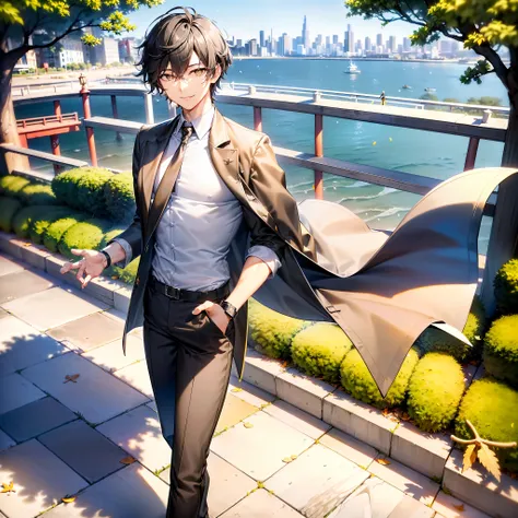 Dan Heng, Honkai Star Rail, (masterpiece, best quality, high quality, 4K), human, ((male)), (((solo))), mature, black short hair, slim, ((yellow pupils)), detailed eyes, front view, (clothing, (topwear: (dark-gray coat, (white t-shirt)), bottomwear:(pants:...