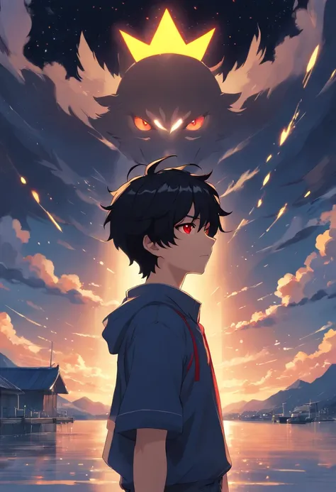 Wolf boy with short black hair and red eyes golden crown standing in the dark, Anime visuals of cute guy, boy with black hair, perfect black hair guy, dark haired god, black  hair, Kantai Collection Style, anime clouds, young anime guy, anime moe art style...