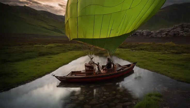 A Steampunk air balloon flying through the aurora with stunning landscape views, star-filled nights, aurora on the sky, beautiful aurora color, photo-realistic, vibrant color, highly detailed, masterpiece composition, perfect object, night day, low speed p...