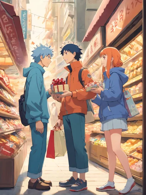 Naruto giving choosing out a present for Hinata, shopping on tokyo shopping district, happy loving moment