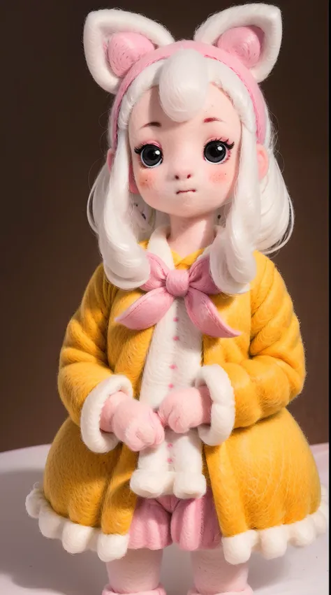 wool felt，Felt，plush ，adolable，Masterpiece, Best quality, Super detailed, illustration, Beautiful eyes, Close up, A girl. It is white hair, Pink bow, Yellow pajamas.