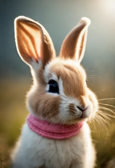 (best quality, realistic, ultra-detailed) cute little baby bunny, she is happy and confident, with a pink blush on her cheeks. The bunny has a soft and fluffy white fur, non human. She is wearing a blue scarf around her neck and a white diapper.