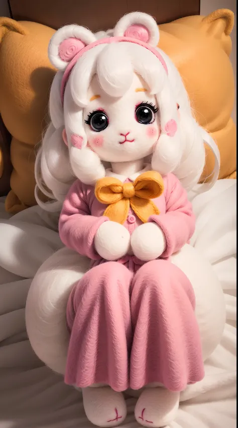 wool felt，Felt，plush ，adolable，Masterpiece, Best quality, Super detailed, illustration, Beautiful eyes, Close up, A girl. It is white hair, Pink bow, Yellow pajamas.