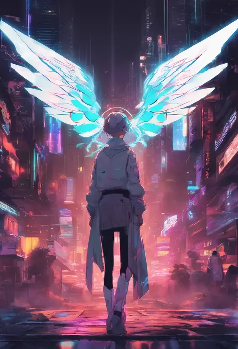 Front,Half body portrait,((midjourneys distinctive mesmerizing anime style)),1girl, standing still,calm,little ethereal girl, Light reflective gown made as that can reflect Surrounding neon lights,((2 Angelic wings attached on back)),((saints halo hovers a...