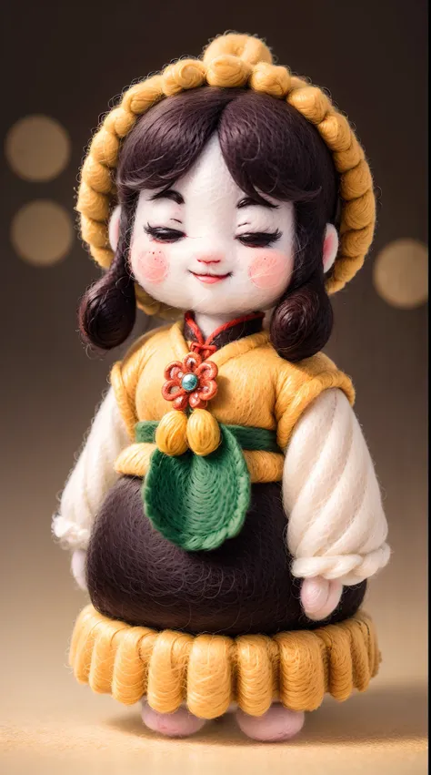 wool felt，felt，Plush ，adolable，Masterpiece, Best quality, Super detailed, illustration, 1 woman, Close up, Smile, TRADITIONAL CHINESE COSTUMES,Wool felt dolls。