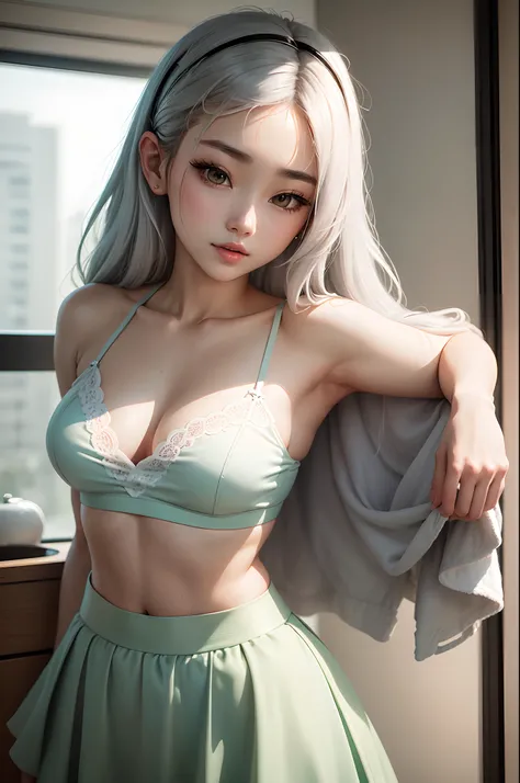 a woman in a floral crop top and mint skirt posing for a picture, croptop, crop top, bralette, wearing white camisole, bae suzy, wearing a camisole, physical : tinyest midriff ever, gorgeous young korean woman, heonhwa choe, cutecore, lulu chen, reluvy5213...