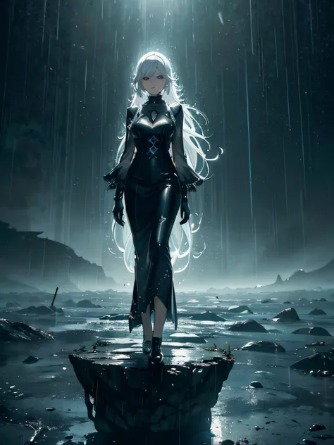 Anime girl in black dress standing on rock in the rain, Ross Tran 8 K, anime epic artwork, Nier 2 B, Anime Art Wallpaper 8K, Papel de parede anime 4k, 2. 5 d cgi anime fantasia arte, arte de personagem impressionante, negar, Anime Art Wallpaper 4K, Anime A...