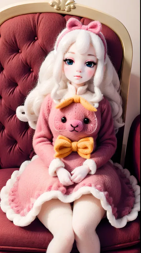 wool felt，Felt，plush ，adolable，Masterpiece, Best quality, Super detailed, illustration, Beautiful eyes, Close up, A girl. It is white hair, Pink bow, dress in yellow,Sit on a wool felt sofa.