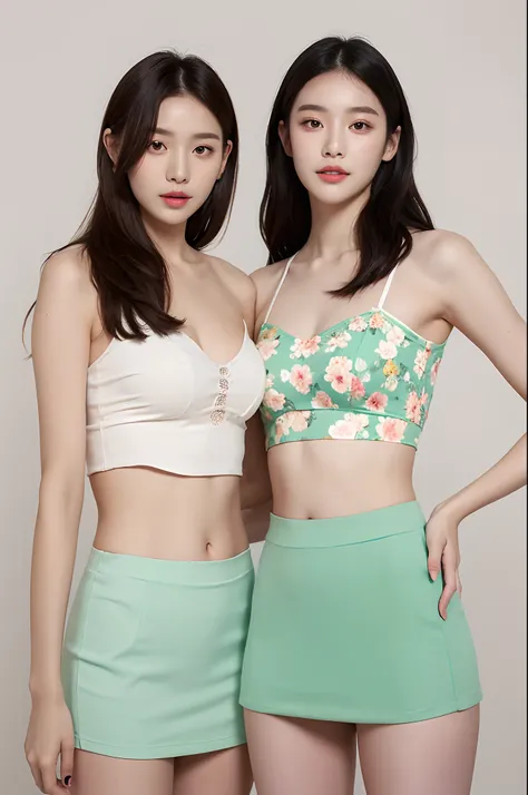 a woman in a floral crop top and mint skirt posing for a picture, croptop, crop top, bralette, wearing white camisole, bae suzy, wearing a camisole, physical : tinyest midriff ever, gorgeous young korean woman, heonhwa choe, cutecore, lulu chen, reluvy5213