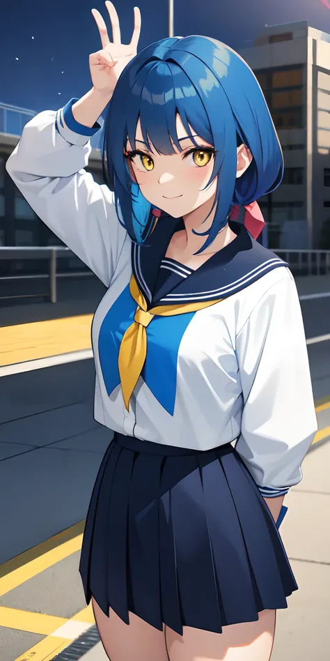 An anime girl, medium blue hair, yellow eyes, Curved hairstyle, school uniform, Evening, high-school, Neutral smile, Indifferent facial expressions