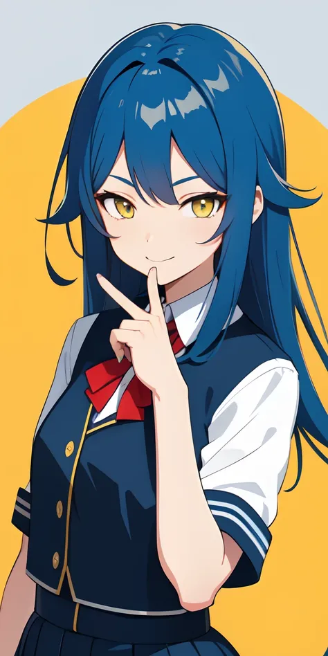 An anime girl, medium blue hair, yellow eyes, Curved hairstyle, school uniform, Evening, high-school, Neutral smile, Indifferent facial expressions