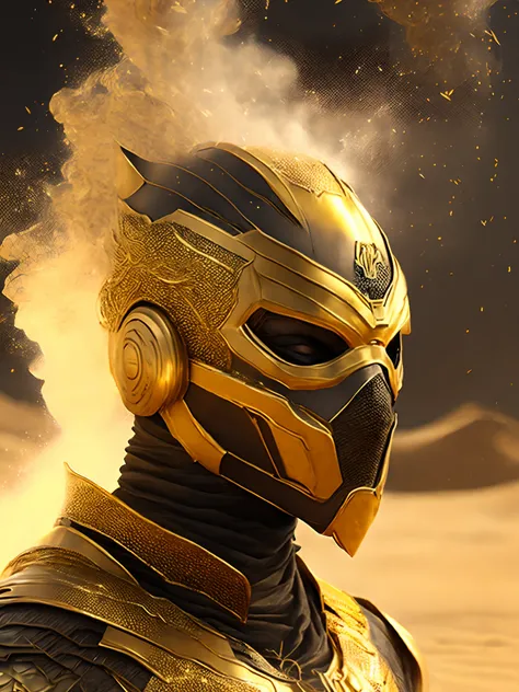 Close-up ( Masked gold-man from Marvel in Goth style: 1.3) emerging from the gold sand desert, extremely detailed, smoke, sparks, metal shavings, flying debris, volumetric light