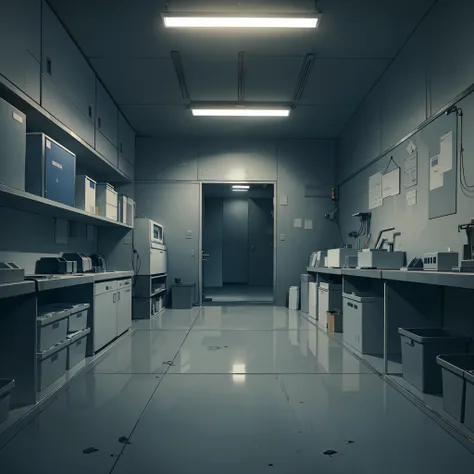 Empty lab, experiments, scary, horror, dark theme, dark, night, low lighting, dark blue colors,