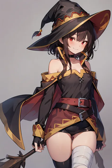 Megumin, Crazy Wizard, 1 Girl, Solo, Witch Hat, Brown Hair, Long Short Hair, Red Eyes, Blush, Evil Smile, Black Choker, Clavicle, Flat Chest, Off-Shoulder Dress, Red Dress, Brown Cloak, Long Sleeves, Black Gloves, Fingerless Gloves, Brown Belt, Gold Trim, ...