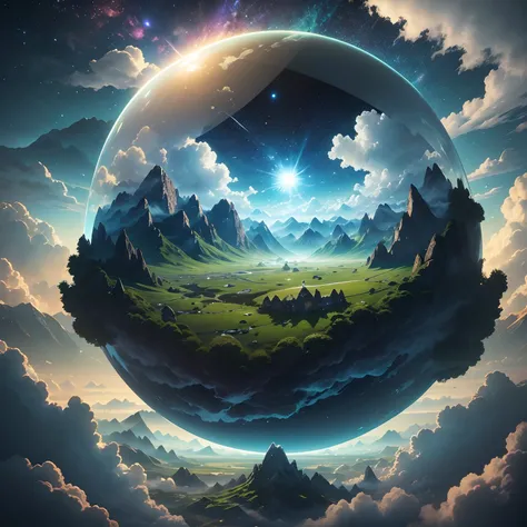 A giant mirror sphere floating in space, flickering lights, sad hamster lost (heaven like green fields surrounded by high mountains and clouds:1.3), particles in the air, god rays, stars in the background, intricate fractals, detailed, (illustration), mast...