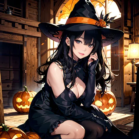 ​masterpiece, top-quality, 8k, Halloween Witch, Bewitching witch, Pointy hat, japanes, Good style,  Black stockings, Black underwear, Gaze, Large breasts, Holding a pumpkin lamp, autumnal, Lamp light, mid night, jack-o-lanterns,A room in a hotel, Warm ligh...