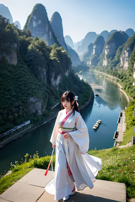 A 20-year-old woman,Wear white Hanfu,Walk among the mountains and rivers of Guilin.