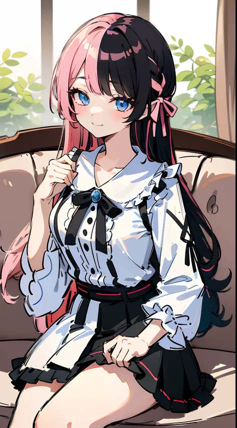 ((8K, Highest Quality, masutepiece)) 1 girl, long(multicolored hair:1.2)、Light blue eyes、 A slight smil、Wink、Moderately breasts、White ruffled shirt、Ribbon at chest、Black miniskirt、Sit on the sofa