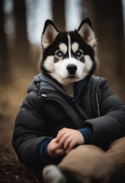 Tire uma foto de um husky siberiano pelagem longa, wooly, On the lap of a boy with a happy expression