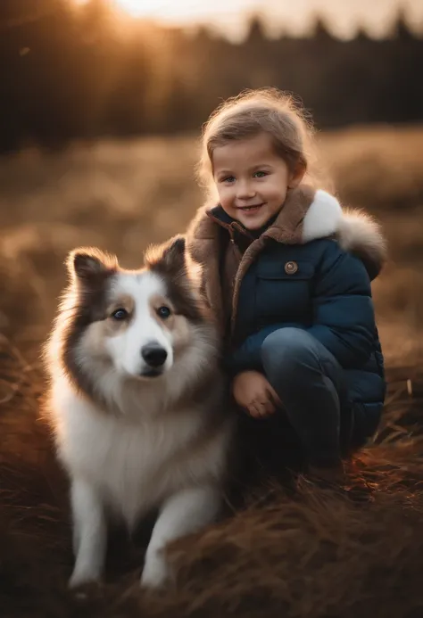 Take a picture of a happy child with three shetland sheepdogs, samoieda e husky siberiano com a pelagem longa