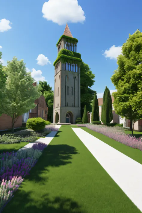 (photo-realism), (Best quality, Masterpiece, Full of details), Two towers, Many trees, Colorful garden, flower pots, , White stone path, Green grass, Blue sky, Sunshine, Brown brick mansion, Ultra HD