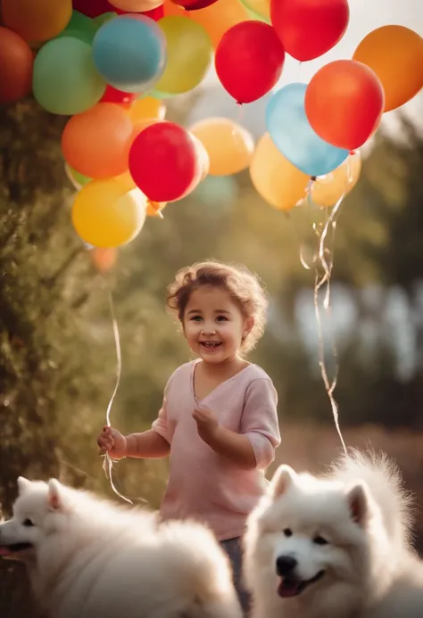 Take a picture of a happy child with three Samoyed dogs, em um lugar colorido, full of balloons