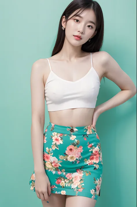 a woman in a floral crop top and mint skirt posing for a picture, croptop, crop top, bralette, wearing white camisole, bae suzy, wearing a camisole, physical : tinyest midriff ever, gorgeous young korean woman, heonhwa choe, cutecore, lulu chen, reluvy5213...