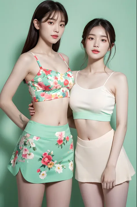 a woman in a floral crop top and mint skirt posing for a picture, croptop, crop top, bralette, wearing white camisole, bae suzy, wearing a camisole, physical : tinyest midriff ever, gorgeous young korean woman, heonhwa choe, cutecore, lulu chen, reluvy5213