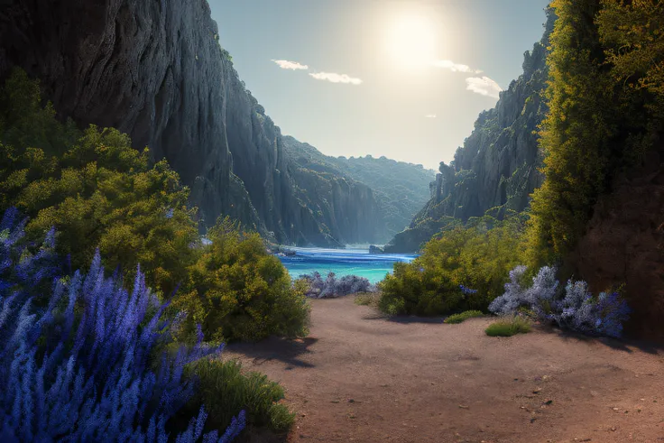 Landscape inside the earth, Agartha, mer cristalline bleu cobalt,glycine, Eau cristalline, ciel azur lumineux, ,(Highly detailed CG Unit 8k wallpaper), The most beautiful work of art in the world, Professional majestic oil painting, complexe, High detail, ...