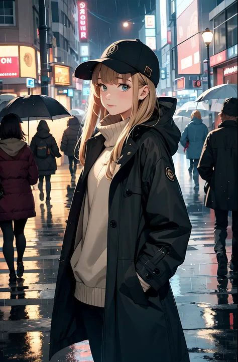 1girl, Night City, rain, coat, hands in pockets