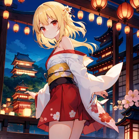 a blond、red eyes、One Beautiful Girl、Floral kimono、off shoulders、a miniskirt、Japanese castle