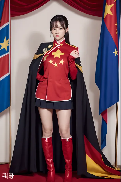 wearing a uniform with the chinese five-star flag，the five-star flag logo is printed on the chest，drape over a cloak+national fl...