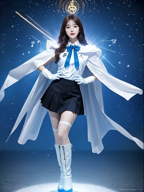 high-end cg korean girl irene sparkle special effects transformed into a uniform，dressed in delicate musical symbols，white cape ...