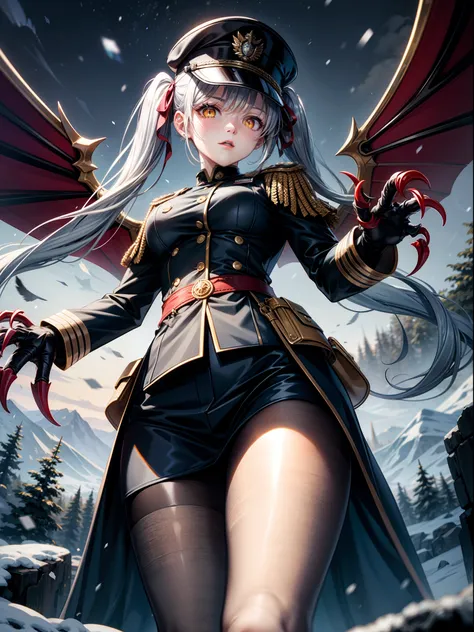 masterpiece, best quality, ultra-detailed, high resolution, highly detailed, extremely detailed 8k CG unity wallpaper, 1girl, solo, silver hair, long hair, twintails, hair ribbon, yellow eyes, (glowing eyes:1.2), (black military hat:1.2), (black military u...