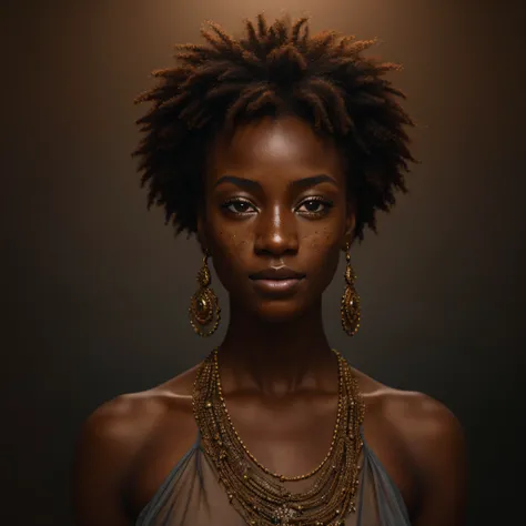 An exquisite portrait of a Black African women with deep ebony skin, the photograph captured in stunning 8k resolution and raw format to preserve the highest quality of details. The womans beauty is undeniable. She wears an open dress that complements her ...